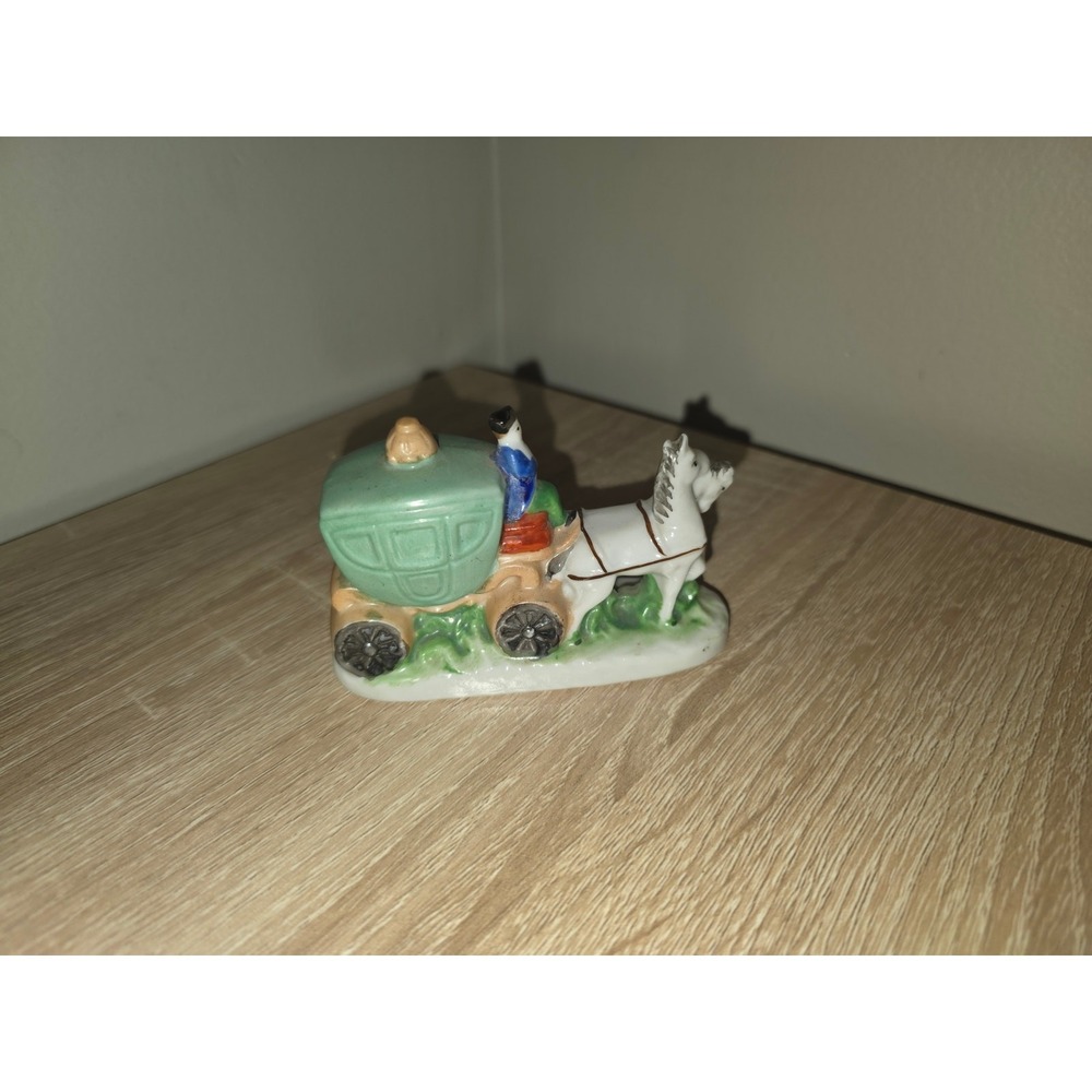 Vintage Occupied Japan Porcelain Horse and Carriage Figurine Green White Coach